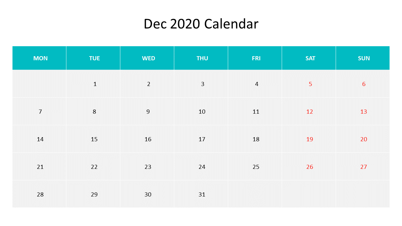 Free - Dec 2020 Calendar PowerPoint Slide Template Presentation